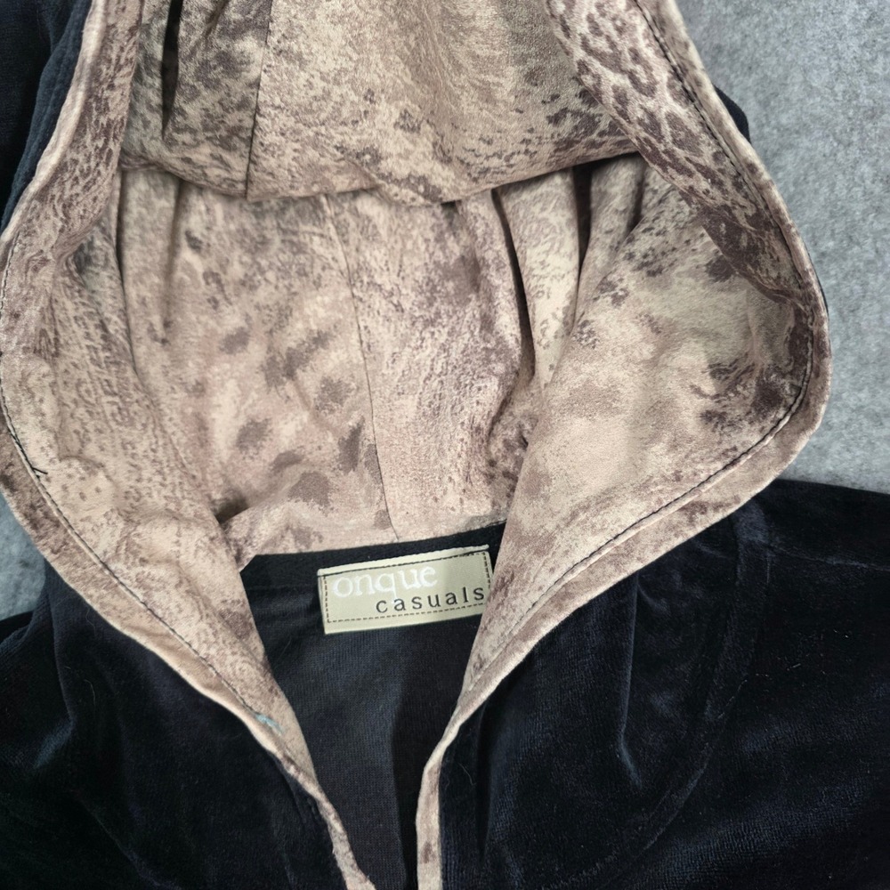 Vintage Y2K Jacket Velour Full Zip Hoodie Black Leopard Animal Print Trim Medium - Picture 4 of 8